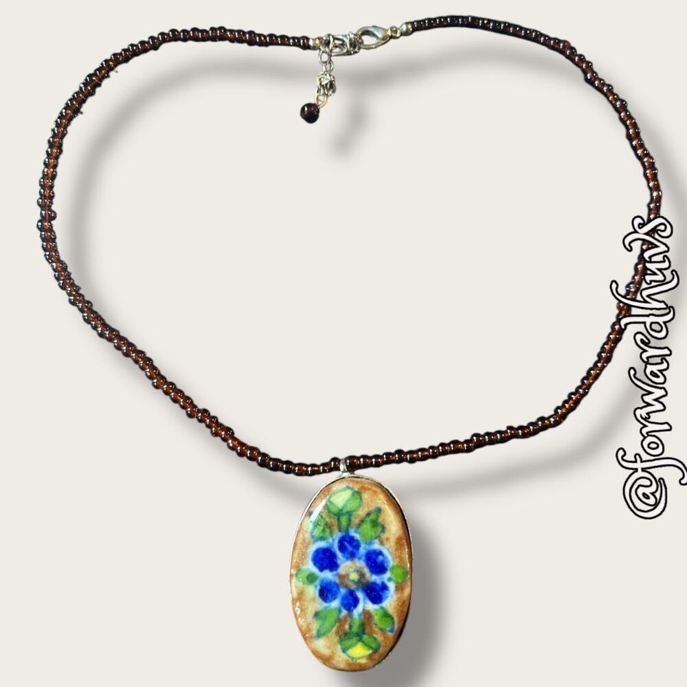 Hand Painted Pendant Necklace with Seed Bead Chain